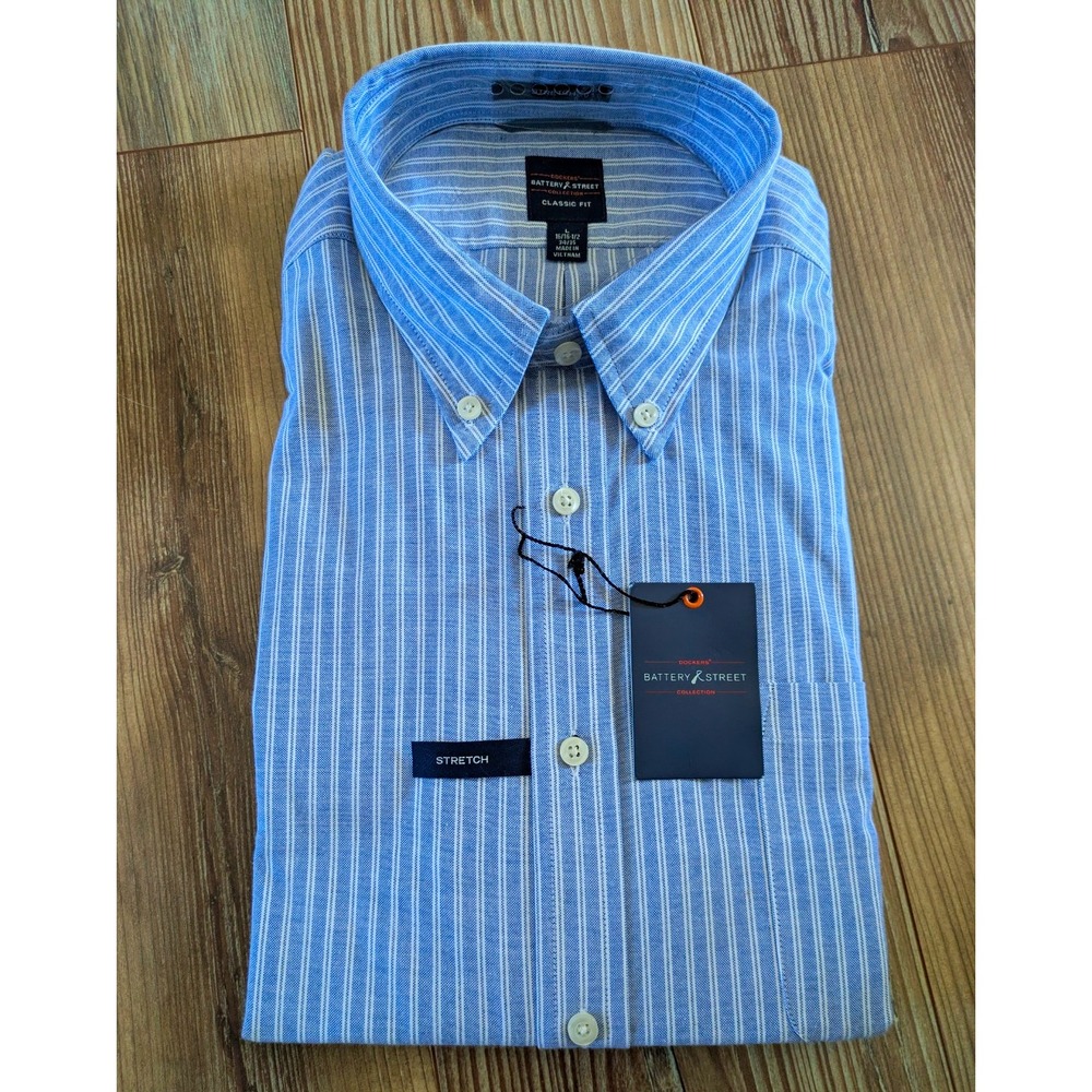 Dockers Battery Street Collection Blue & White Striped Button-Down Dress Shirt
